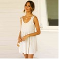 Spring New Round Neck Tie Strap Dress Swing Pleated Midi Skirt