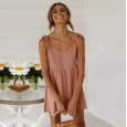 Spring New Round Neck Tie Strap Dress Swing Pleated Midi Skirt