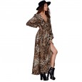 Leopard Print Long Sleeve Deep V-Neck Lace Long Swing Cardigan Dress Spring