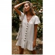 Single-breasted deep V-neck cotton and linen dress spring and summer