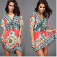 Large size women's v-neck milk silk bohemian print mid-length skirt beach dress hot