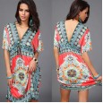 Large size women's v-neck milk silk bohemian print mid-length skirt beach dress hot