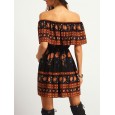 Spring women's new women's hot sale one-line collar skirt print dress dress