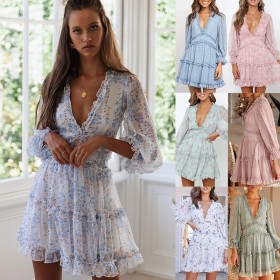 Fashionable short dress women's new lotus leaf V-neck floral cake skirt lantern sleeves hot sale