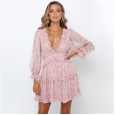 Fashionable short dress women's new lotus leaf V-neck floral cake skirt lantern sleeves hot sale