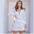 Fashionable short dress women's new lotus leaf V-neck floral cake skirt lantern sleeves hot sale