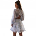 Fashionable short dress women's new lotus leaf V-neck floral cake skirt lantern sleeves hot sale