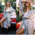 Spring and summer new bohemian vacation beach print long section lace-up cover sunscreen shirt