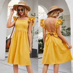 Hot spring and summer new sleeveless stitching ruffled sleeve square collar solid color halter lace dress
