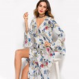 Spring and summer hot new products with trumpet sleeves V-neck printing split long dress new women's clothing