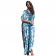 Summer dress printed V-neck bat sleeve long skirt female robe