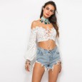 Spring new long-sleeved hollow lace strapless strapless strapless women's solid color new top
