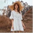 Spring and summer new solid color stitching ruffle fringed neckline lace trumpet sleeve dress