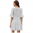 Spring and summer new solid color stitching ruffle fringed neckline lace trumpet sleeve dress