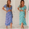 New bohemian holiday style irregular skirt short section exposed navel top two-piece suit