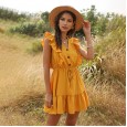 Fashionable women's summer new yellow V-neck ruffled foam lace dress