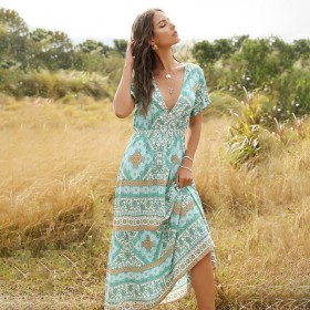 New Hot Sale Summer Bohemian Fashion Print Long V-Neck Dress Women