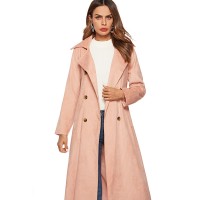 New Pink Corduroy Trench Coat Lace Lapel Button Long Sleeve Women