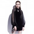 Autumn and winter new women's button stand collar sexy long-sleeved black fleece fashion top