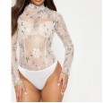 Fashion sexy stand collar long sleeve one-piece lace shirt