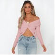 Autumn and winter new solid color striped off-shoulder V-neck exposed navel short long-sleeved sexy sweater
