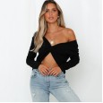 Autumn and winter new solid color striped off-shoulder V-neck exposed navel short long-sleeved sexy sweater