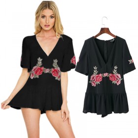 Autumn women's sexy wild V-neck embroidery printed jumpsuit skirt
