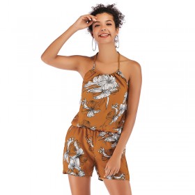 Women's Spring / Summer Sleeveless Printed Jumpsuit Halter Halter Sexy Shorts