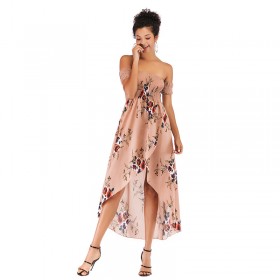 Sexy strapless word-collar floral dress spring and summer mid-length chiffon dress women