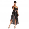Sexy strapless word-collar floral dress spring and summer mid-length chiffon dress women