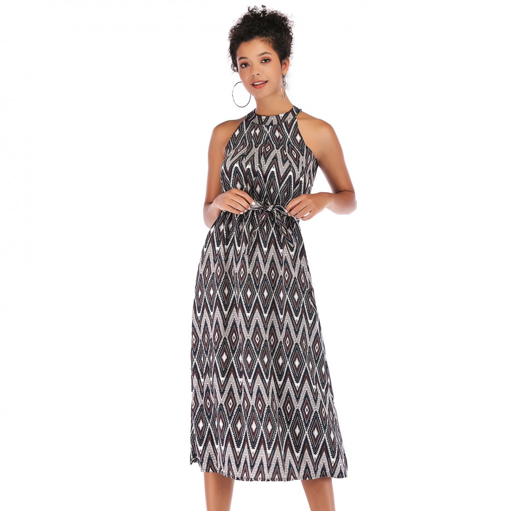 Summer new women's strapless sleeveless round neck printed chiffon dress