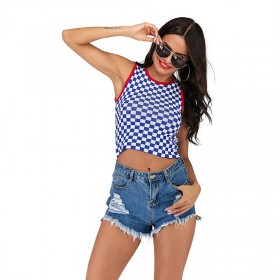 New product contrast color plaid knitted vest female summer short section exposed navel slim stretch sleeveless top