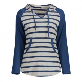 New spring fashion casual blue striped pockets color matching V-neck hooded long-sleeved T-shirt female