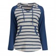 New spring fashion casual blue striped pockets color matching V-neck hooded long-sleeved T-shirt female