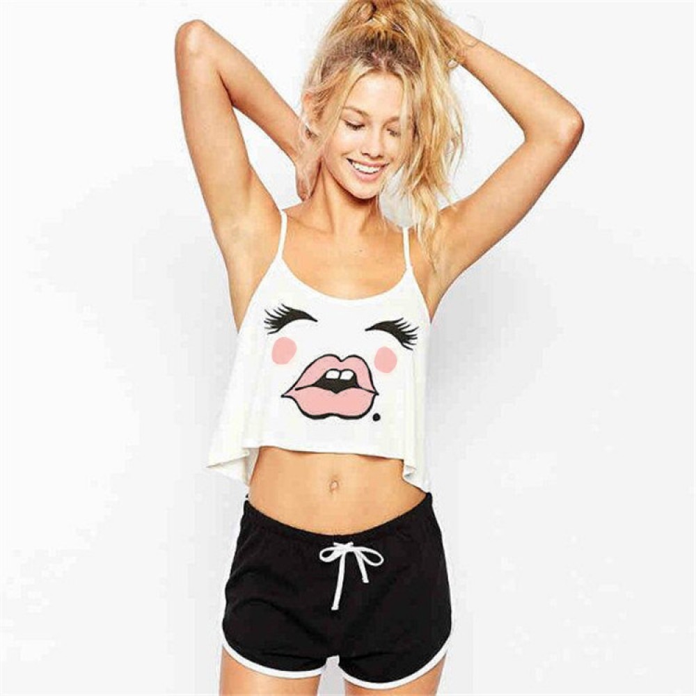 Women's short-sleeved summer eyes and lips print sexy strapless short camisole women
