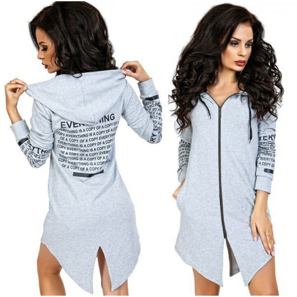 Spring new sleeve back letter printed shirt long sleeve rear split fur fleece zipper hooded sweater coat female