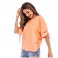 Summer new women's solid color round neck tie T-shirt seven-quarter sleeve loose top