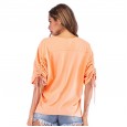 Summer new women's solid color round neck tie T-shirt seven-quarter sleeve loose top