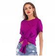 Summer new cross knotted round neck short sleeve T-shirt women's shirt loose irregular bottoming shirt