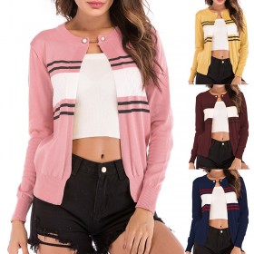 Hot Spring New Women's Contrast Striped Knit Cardigan Long Sleeve Round Neck Short Coat