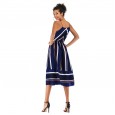 Spring and summer dress women's mid-length V-neck stripe color matching strap chiffon skirt