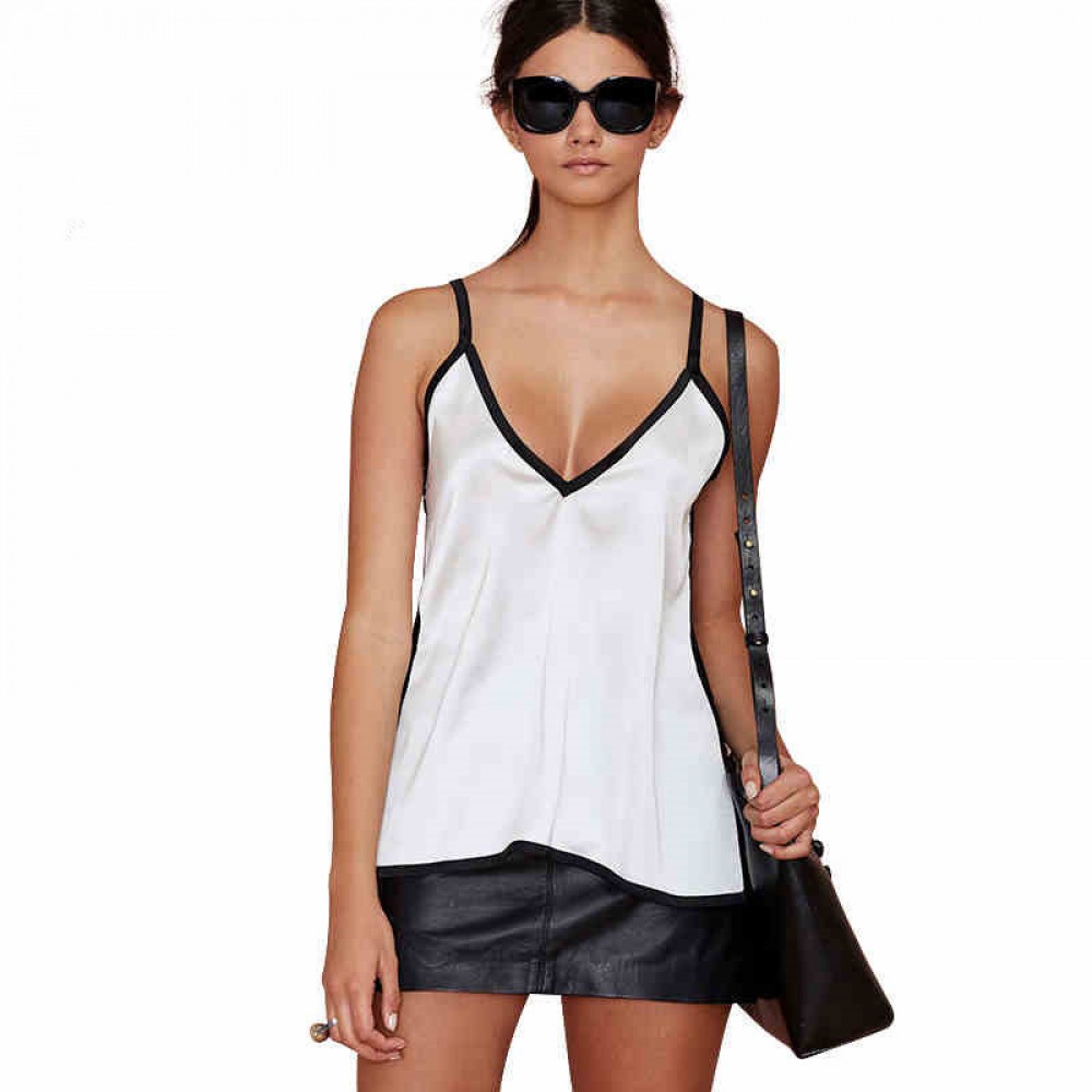 Black and white contrast color V-neck slit suspenders sexy strapless chiffon vest female summer