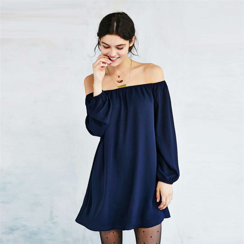 Spring hot sale word collar sexy big swing skirt in the sleeves loose solid color off-the-shoulder dress women