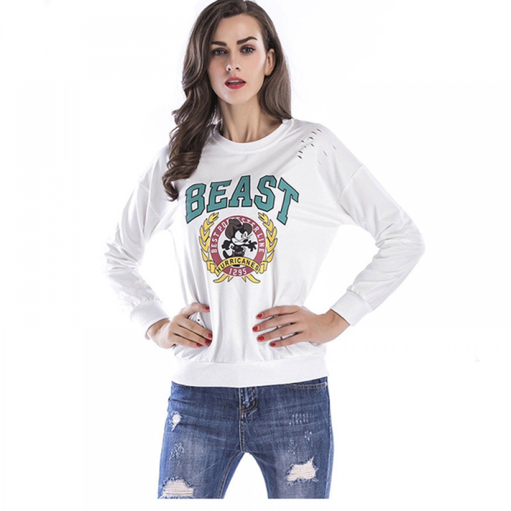 Sweater women's new round neck hole print casual loose large size women's shirt