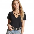 Summer hollow V-neck wide loose fork solid color top women's fashion short-sleeved t-shirt
