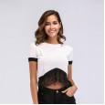 Women's round neck sweater thin lace stitching short section exposed navel short sleeve t-shirt women