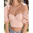 Chic Puff Sleeve Solid Color Party Scoop Neck Casual Blouse -  Pink M 