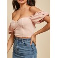 Chic Puff Sleeve Solid Color Party Scoop Neck Casual Blouse -  Pink M 