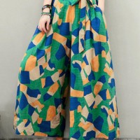 Wide-Legged Women Geometric Print Elastic Waist Side Pockets Pants - 14 Green 