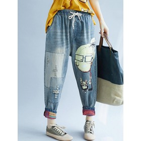 Women Patchwork Cartoon Loose Elastic Waist Denim Jeans - Blue 8 
